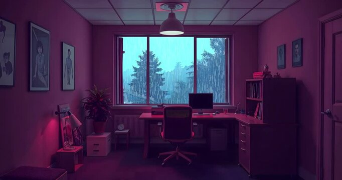 Cozy Office Room with Rainy Window View  Lofi Loop Animation for Relaxation & Study