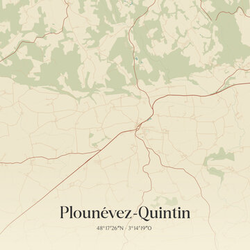 Vintage map of Ploun&eacute;vez-Quintin, France.