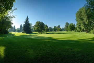 Obraz premium A beautiful golf course is surrounded by lush trees on a sunny day