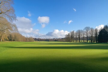 Obraz premium A beautiful golf course is surrounded by lush trees on a sunny day