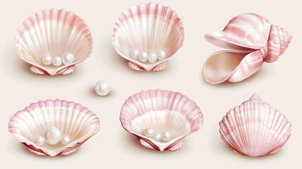 Set of pink clamshell illustrations, some open with pearls inside 