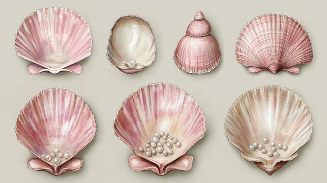 Set of pink clamshell illustrations, some open with pearls inside 