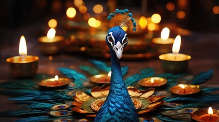 Elegant Thaipusam image with a diya lamp shining brightly amidst swirling peacock feathers, combining tradition and creative elegance.