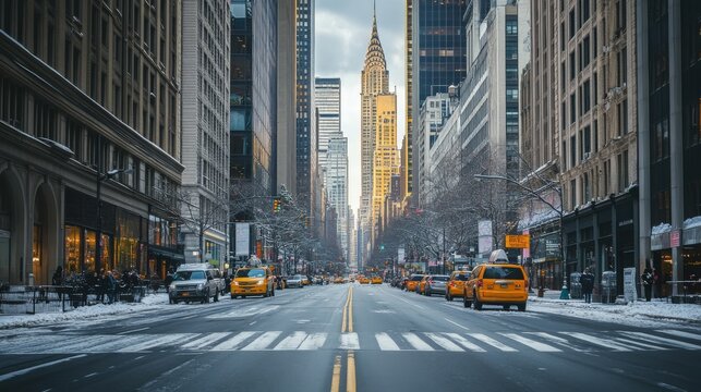 Street lined with city buildings. 