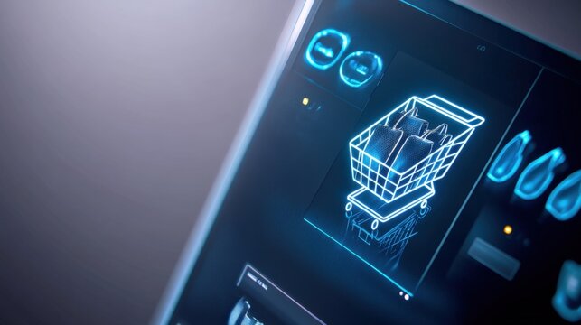 Digital shopping cart action virtual store graphic design high-tech environment close-up view e-commerce concept