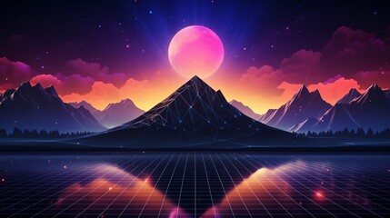 Futuristic Neon Retrowave Background with retro low poly grid landscape, glowing outrun sun setting behind mountain terrain, vibrant neon colors