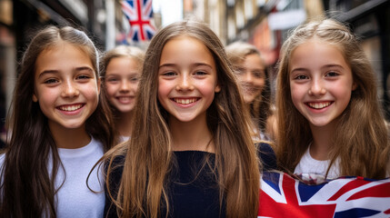 Joyous children celebrating with Union Jack flags, showcasing vibrant British culture and unity in lively London street event.