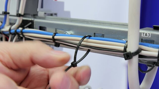 Installation of a plastic nylon tie on electrical insulated mounting wires. 