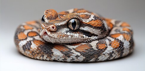 Fototapeta premium Colorful and detailed view of a snake coiled on a smooth surface under soft light