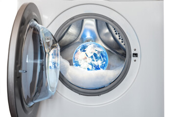 Striking photo collage featuring Earth emerging from a household washing machine, symbolizing our urgent need to clean up pollution with modern, human-made methods.