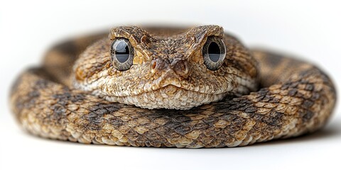 Naklejka premium Close-up view of a camouflaged snake resting on a surface showcasing its intricate skin pattern and unique features