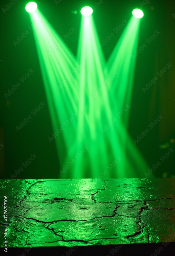 Aufkleber empty dark stone table with green fluorescent neon laser lights. party and night club concept backgr