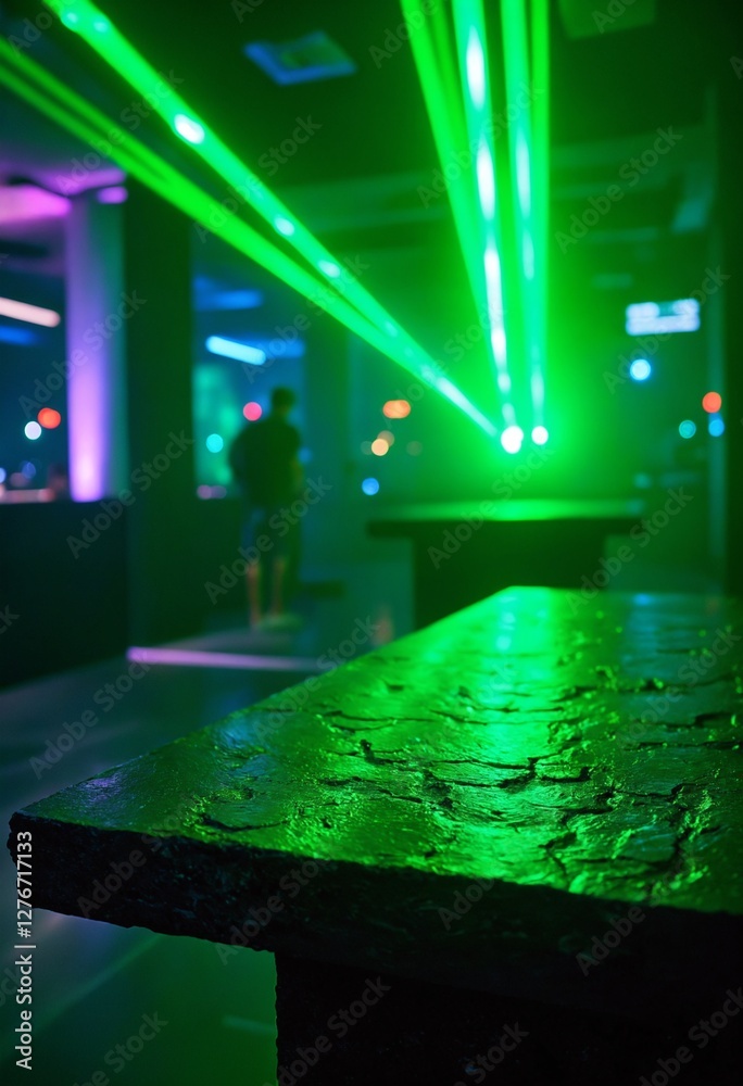 Poster Empty dark stone table with green fluorescent neon laser lights. Party and night club concept background with copy space for text or product display