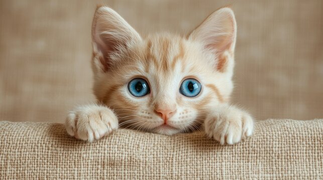 An adorable kitten with blue eyes popping up from behind a couch cushion