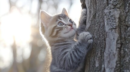 Fototapeta premium A curious kitten emerges from behind a tree trunk