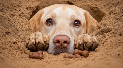 A brown-nosed dog with droopy ears digging in the sand