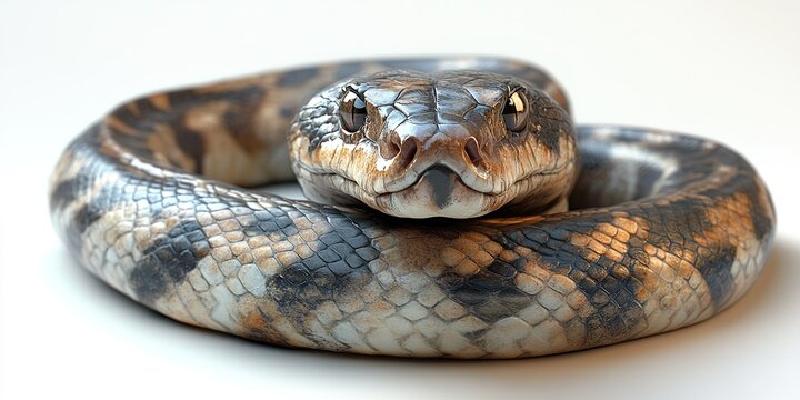 Striking close-up of a coiled python showcasing its intricate pattern and texture on a neutral background