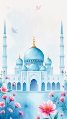 Obraz premium Watercolor Illustration of dreamy mosque in blue pink pastel colors with flowers birds transluscent ethereal ramadan kareem eid mubarak greeting card blank design template wallpaper background