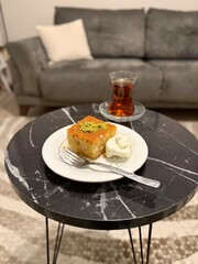 Ramadan dessert revani with turkish traditional tea at local home