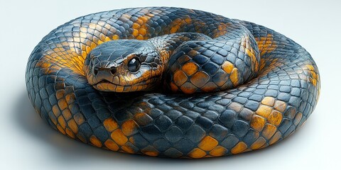 Fototapeta premium Vibrant snake resting in a coiled position, showcasing intricate scales and colors in a calming environment