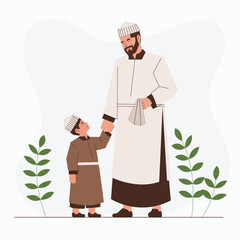 A father and boy muslim standing in a garden illustration