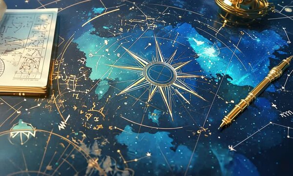 A map of the world with a compass on it. A pen is on the map. The pen is gold and the map is blue