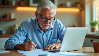 Senior man at home, wearing glasses, writing on documents. He's working with a laptop in the background. Light blue shirt is worn.