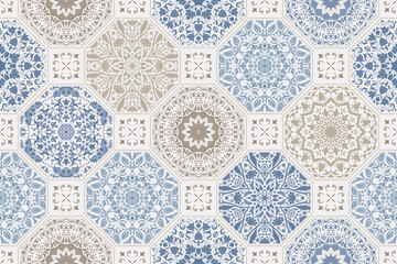Seamless colorful patchwork. Hand drawn background. Azulejos tiles patchwork. Traditional ornate Portuguese and Spanish decorative tiles azulejos. Abstract background. Ceramic tiles. Vector