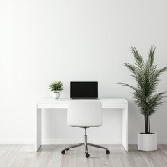 Minimalist home office with a sleek white desk, simple chair, laptop, and potted plant, soft natural lighting