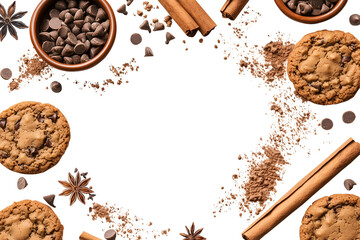 Chocolate chip cookie cookies food biscuits, cocoa powder, cinnamon, star anise ingredient, broken pieces scattered flat lay top view on transparent template cutout PNG. Mockup frame for artwork. 