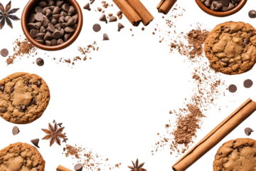 Chocolate chip cookie cookies food biscuits, cocoa powder, cinnamon, star anise ingredient, broken pieces scattered flat lay top view on transparent template cutout PNG. Mockup frame for artwork. 