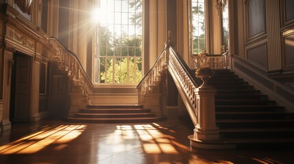 Obraz premium Elegant staircase in a sunlit grand hall with greenery