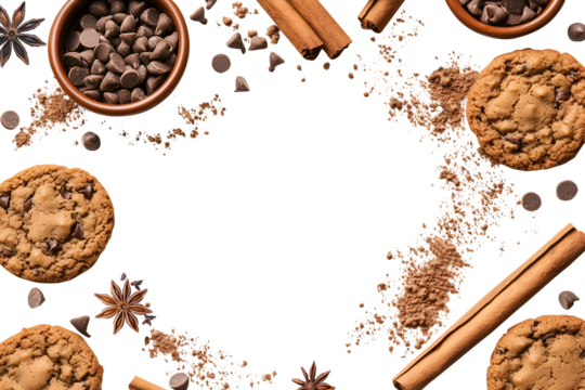 Chocolate chip cookie cookies food biscuits, cocoa powder, cinnamon, star anise ingredient, broken pieces scattered flat lay top view on transparent template cutout PNG. Mockup frame for artwork. 