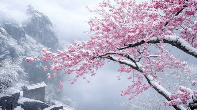 Beautiful cherry blossom tree branch with blooming flower in snow.