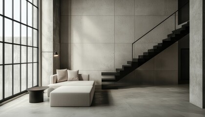 Obraz premium Minimalist loft apartment with high ceilings, industrial-style windows, neutral furniture, and open spacious layout