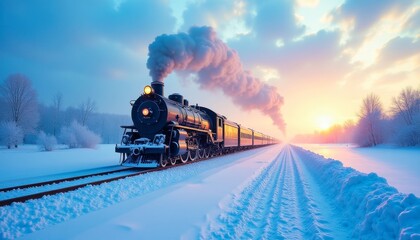 Obraz premium Vintage steam train journey through a serene snow-covered landscape under a colorful sunset sky, creating a winter wonderland scene.