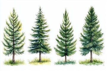 Obraz premium A contemporary watercolor tree viewed from the side, isolated on white, with EPS illustrations of forest trees, including green pine, blue spruce, lush ash, and beige bushes.
