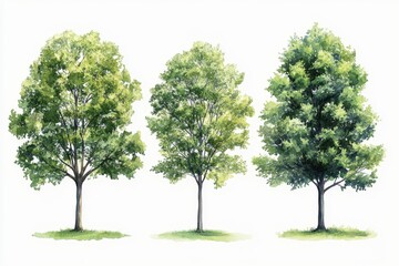 Isolated watercolor green trees on a white background, suitable for landscape and architectural artwork, environmental elements, gardens, and botanical spring sections