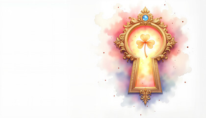 Golden keyhole revealing glowing shamrock with copy space, St. Patrick's Day symbol
