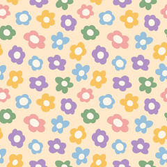 seamless pattern features colorful, retro-style flowers in pastel shades on a beige background, creating a cheerful and decorative design perfect for textiles and wallpapers
