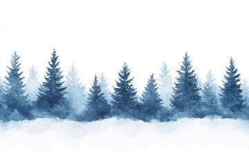 A hand-drawn watercolor illustration of a winter spruce forest, featuring snow-covered spruces, isolated on a white background. Winter landscape