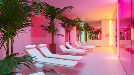 A pink neon light and white color scheme indoor spa with palm trees

