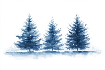Fototapeta premium An isolated watercolor illustration of a winter spruce forest, featuring hand-drawn snow-covered spruces on a white background. Winter scene