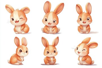 Fototapeta premium A set of three watercolor paintings featuring adorable brown rabbits, isolated on a white background, bundled as animal clipart
