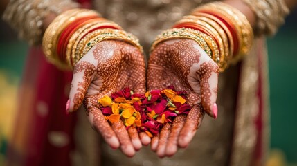 Henna-adorned hands delicately hold vibrant flower petals, showcasing the beauty and tradition of an Indian wedding.