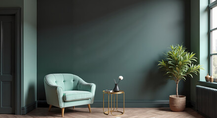 Fototapeta premium Dark green cozy reading corner with a tufted armchair, gold side table, and elegant decor. Perfect for sophisticated interiors, home styling, and comfort.