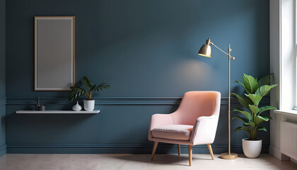 Chic dark blue interior with a blush pink armchair, gold floor lamp, and stylish decor elements. Ideal for elegant home design and cozy sophisticated spaces.
