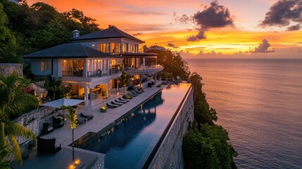 Luxury Cliffside Villa with Infinity Pool at Sunset.