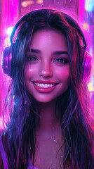 Fototapeta premium A sleek and dynamic portrait of an Arabian girl with headphones, bathed in neon lights, blending a futuristic digital style with youthful energy and innovation