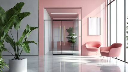 Fototapeta premium modern living room with modern furniture. Modern Minimalist Executive Office with Elegant Pink Design. Stylish Corporate Office with Soft Pink Interior and City View. Luxury Office Interior